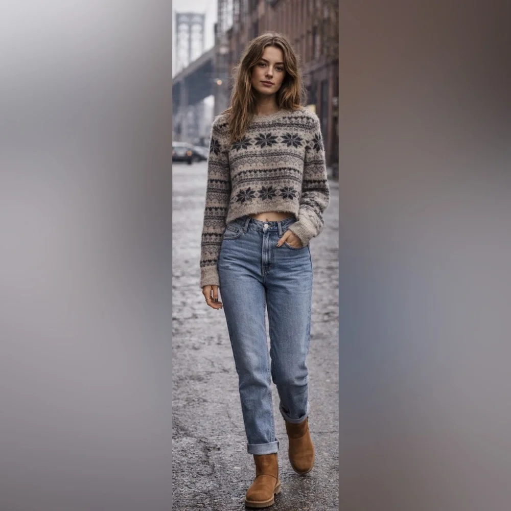 Free People one FP Fuzzy Sweater Small Cropped Nordic Snowflake Cozy Boho Cabin
